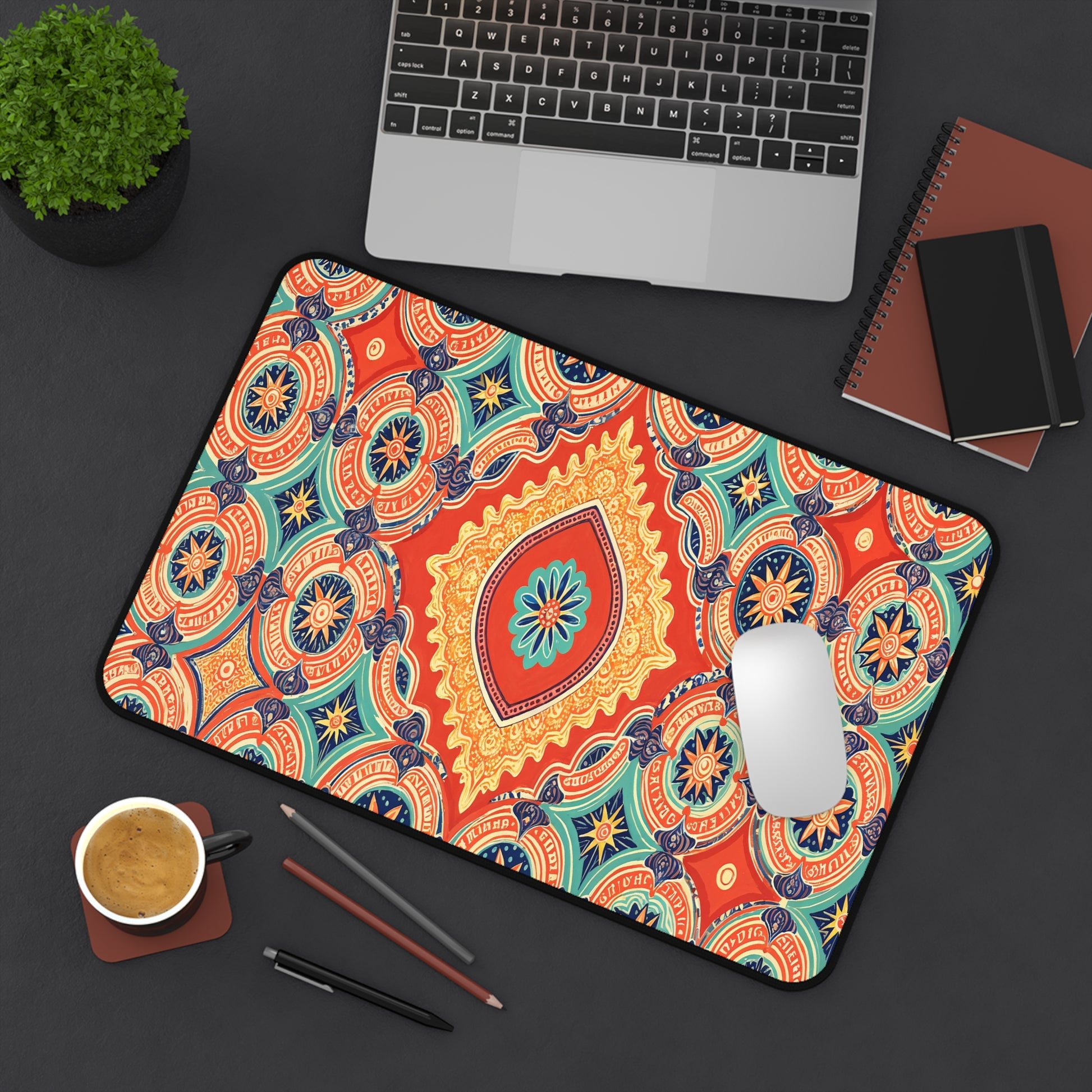 A colorful workspace accessory, this neoprene desk mat features intricate orange, blue, and yellow mandala patterns. It brightens a dark desk where a white mouse, laptop, notebooks, pens, potted plant, and latte art coffee await.