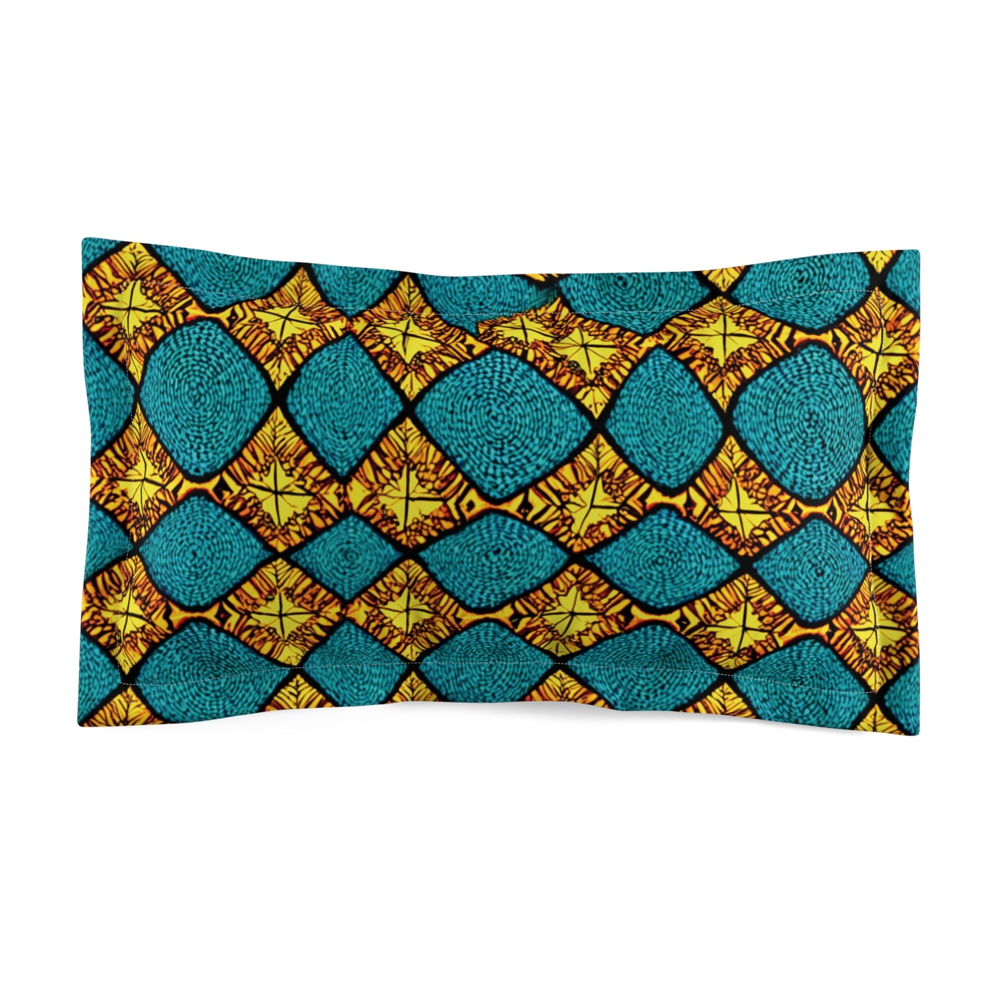 Rectangular premium pillow sham with a bold pattern of overlapping teal ovals and yellow diamond shapes, outlined in black. The yellow diamonds have orange vein-like designs, adding vibrant texture and a silk-smooth feel to this geometric accent.