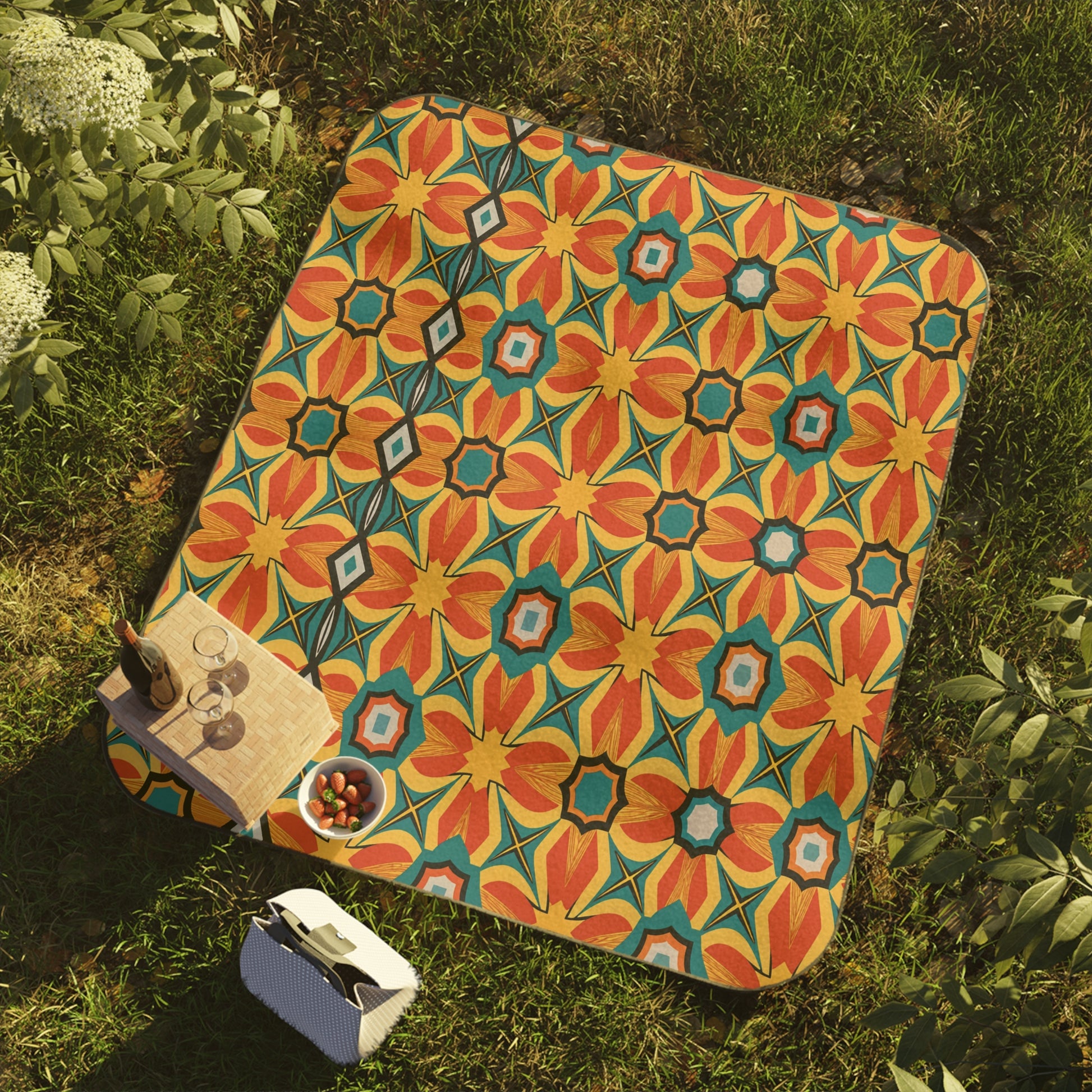 A colorful, water-resistant African-inspired picnic blanket with bold geometric floral patterns in red, yellow, blue, and green lies on the grass, creating an outdoor sanctuary beside a small wooden table set for a perfect afternoon.