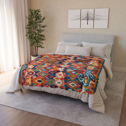 A neatly made bed with white bedding and an African-inspired geometric-patterned blanket in vibrant reds, blues, and yellows. The room features a gray headboard, white pillows, a green potted plant, and minimalist wall art above the bed.