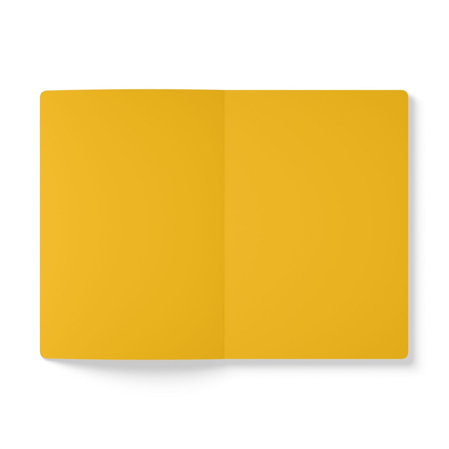An open, blank notebook with bright yellow pages is shown on a white background. Centered and viewed from above, this African-inspired journal invites creative journaling, with both pages empty and the visible spine dividing the middle.
