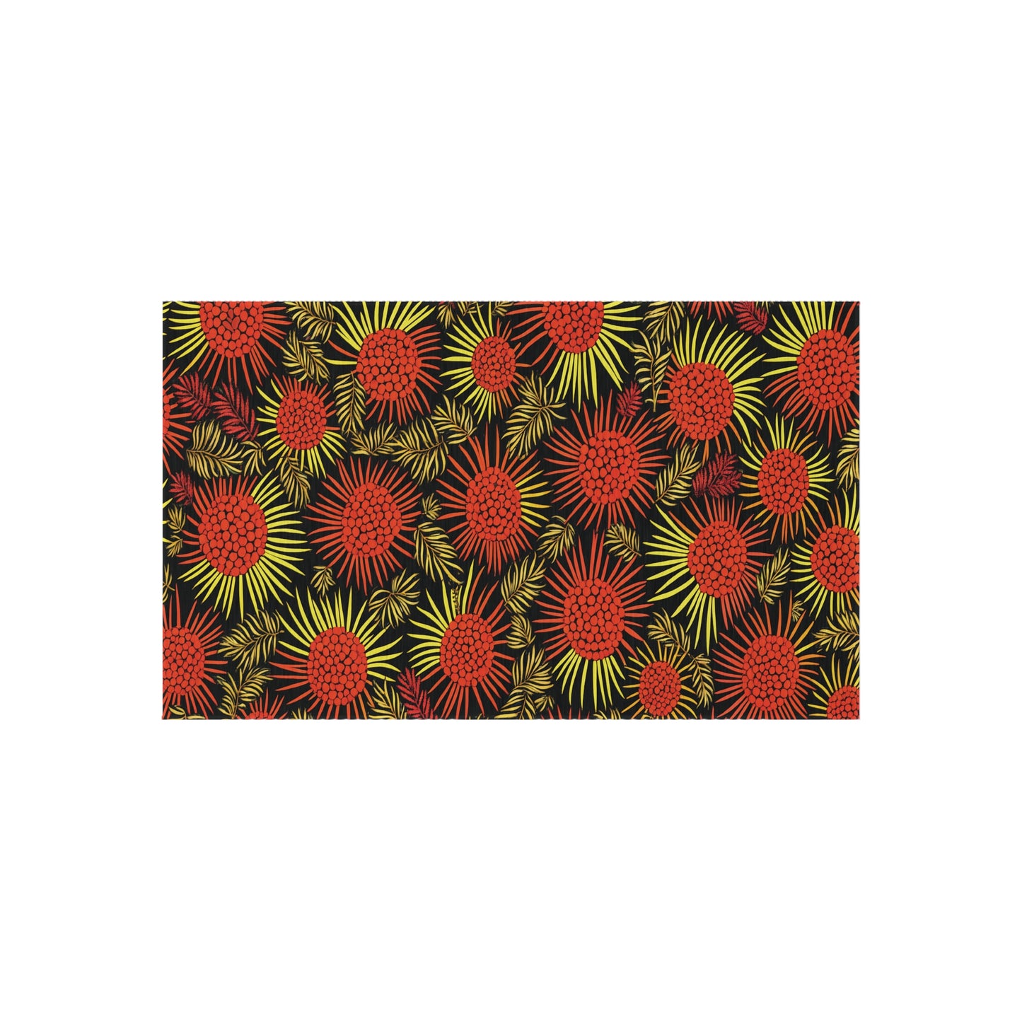A rectangular, African-inspired pattern featuring red and yellow abstract floral shapes with radiating petals on a black background. The densely packed flowers create a vibrant, dynamic, and colorful design.