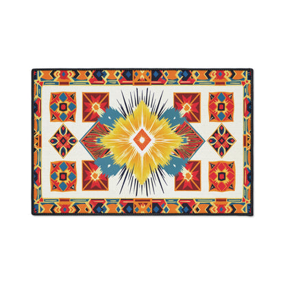 Rectangular rug with a vibrant geometric pattern in red, orange, yellow, blue, and white. Features a central diamond motif and symmetrical border shapes in Southwestern style. Includes non-slip rubber backing for added safety and stability.