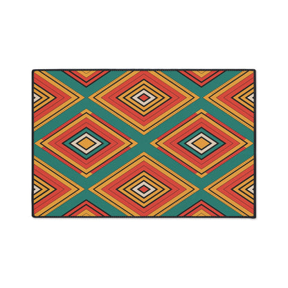 A rectangular non-slip rug featuring a vibrant geometric pattern of nested diamonds in orange, red, yellow, black, and white on teal green—perfect for adding bold, African-inspired home decor to any space.