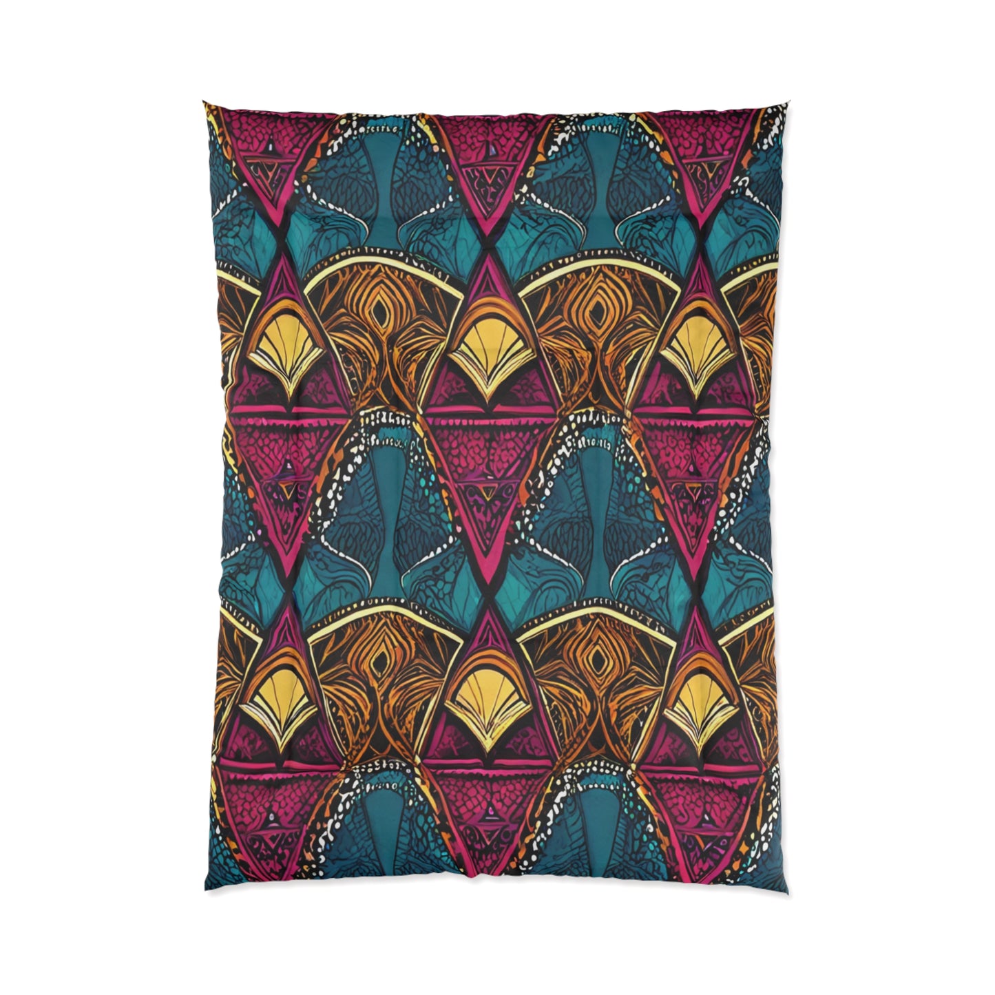 A blanket featuring a vibrant, African-inspired geometric pattern of repeating triangles in gold, magenta, and teal. Each triangle is filled with intricate, abstract designs and curved lines, giving it a bold, artistic, and symmetrical appearance.