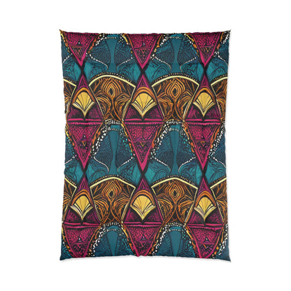 A blanket featuring a vibrant, African-inspired geometric pattern of repeating triangles in gold, magenta, and teal. Each triangle is filled with intricate, abstract designs and curved lines, giving it a bold, artistic, and symmetrical appearance.