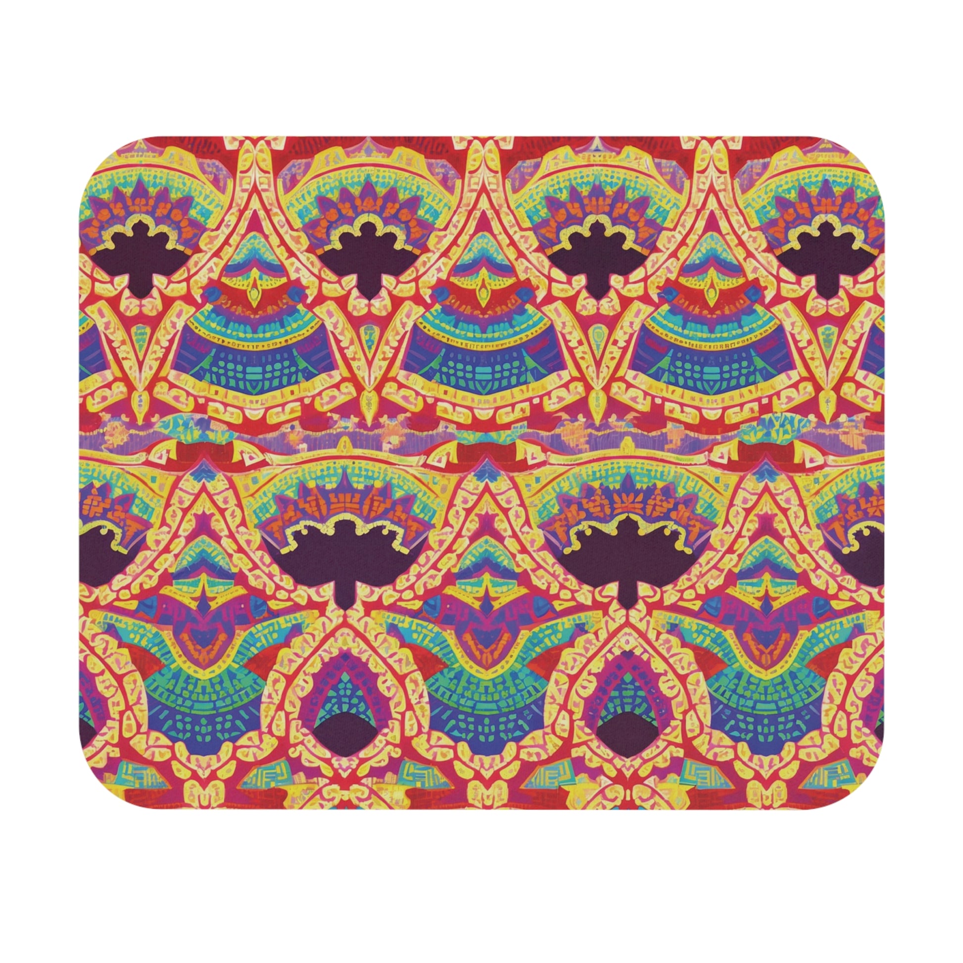 Rectangular African-inspired mouse pad with rounded corners, featuring a vibrant, symmetrical pattern of arches and teardrop shapes in yellow, orange, red, blue, and purple on a maroon background. Includes a non-slip rubber base for stability.