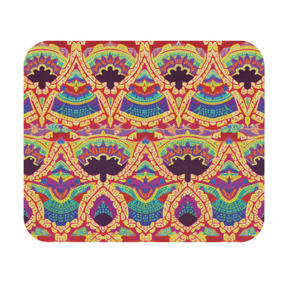 Rectangular African-inspired mouse pad with rounded corners, featuring a vibrant, symmetrical pattern of arches and teardrop shapes in yellow, orange, red, blue, and purple on a maroon background. Includes a non-slip rubber base for stability.
