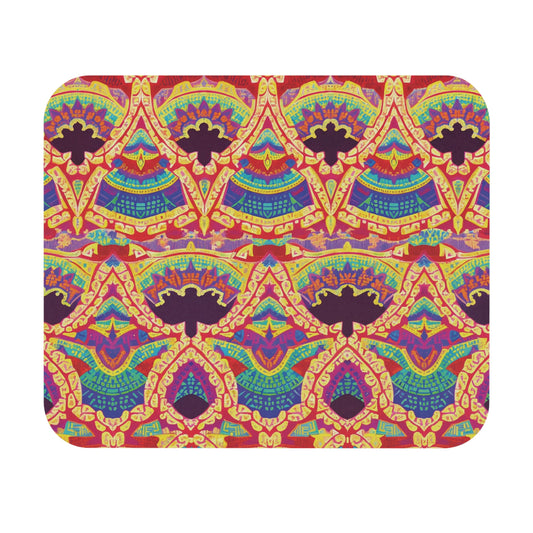 Rectangular African-inspired mouse pad with rounded corners, featuring a vibrant, symmetrical pattern of arches and teardrop shapes in yellow, orange, red, blue, and purple on a maroon background. Includes a non-slip rubber base for stability.