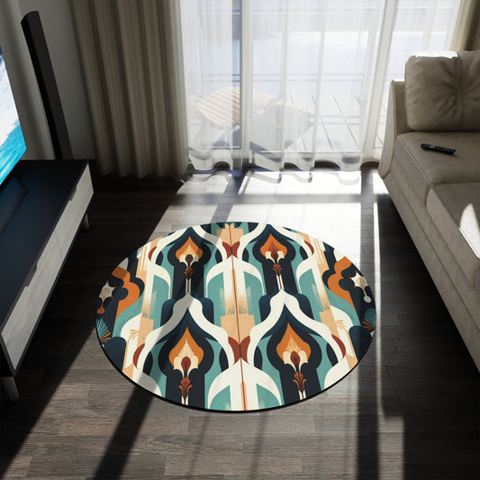A round rug with an African-inspired Art Deco geometric pattern in teal, navy, cream, gold, and brown sits on a dark wooden floor in a modern living room. Sunlight streams through sheer curtains behind a beige sofa and TV stand.
