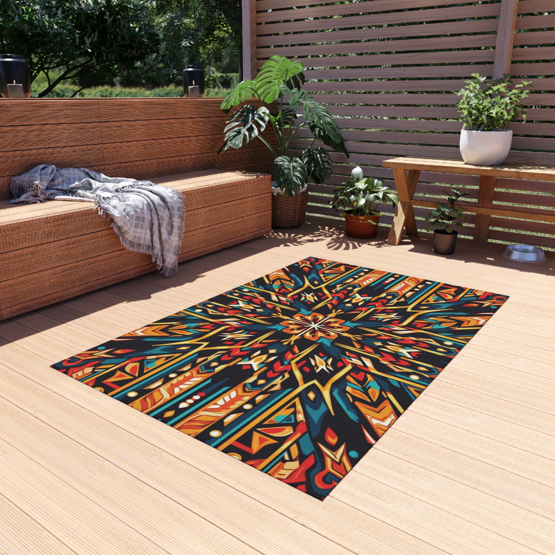 A colorful, geometric-patterned rug with red, orange, teal, and yellow designs lies on a light wood deck. This African-inspired outdoor rug features weather-resistant polyester chenille for durability in a cozy, modern space with wicker seating and potted plants.