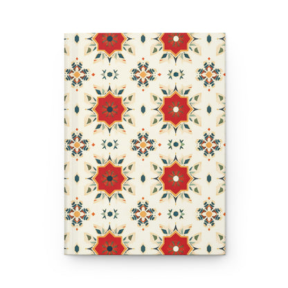A hardcover wellness journal featuring a repeating geometric pattern of red and gold star shapes, accented with green and dark blue details on a cream background. The ornate, symmetrical design adds a decorative touch to your daily reflections.