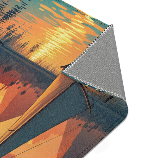 A close-up of a colorful, durable polyester chenille fabric with a stitched edge, featuring an abstract sunset landscape with orange, yellow, and teal hues. The corner is folded over, revealing the gray underside and white zigzag stitching.
