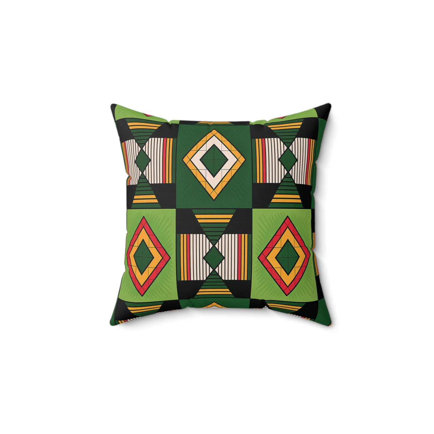 Square green and black throw pillow with a geometric pattern of diamonds and triangles in green, yellow, red, and black, accented by vertical stripes. The African inspired accent pillow pops against a white background for a bold look.