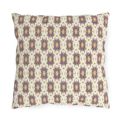 A square, water-resistant outdoor pillow with a repeating pattern of purple flowers featuring yellow centers on a white background. The UV-resistant floral motifs are evenly spaced, creating a uniform, decorative design across the cushion’s surface.