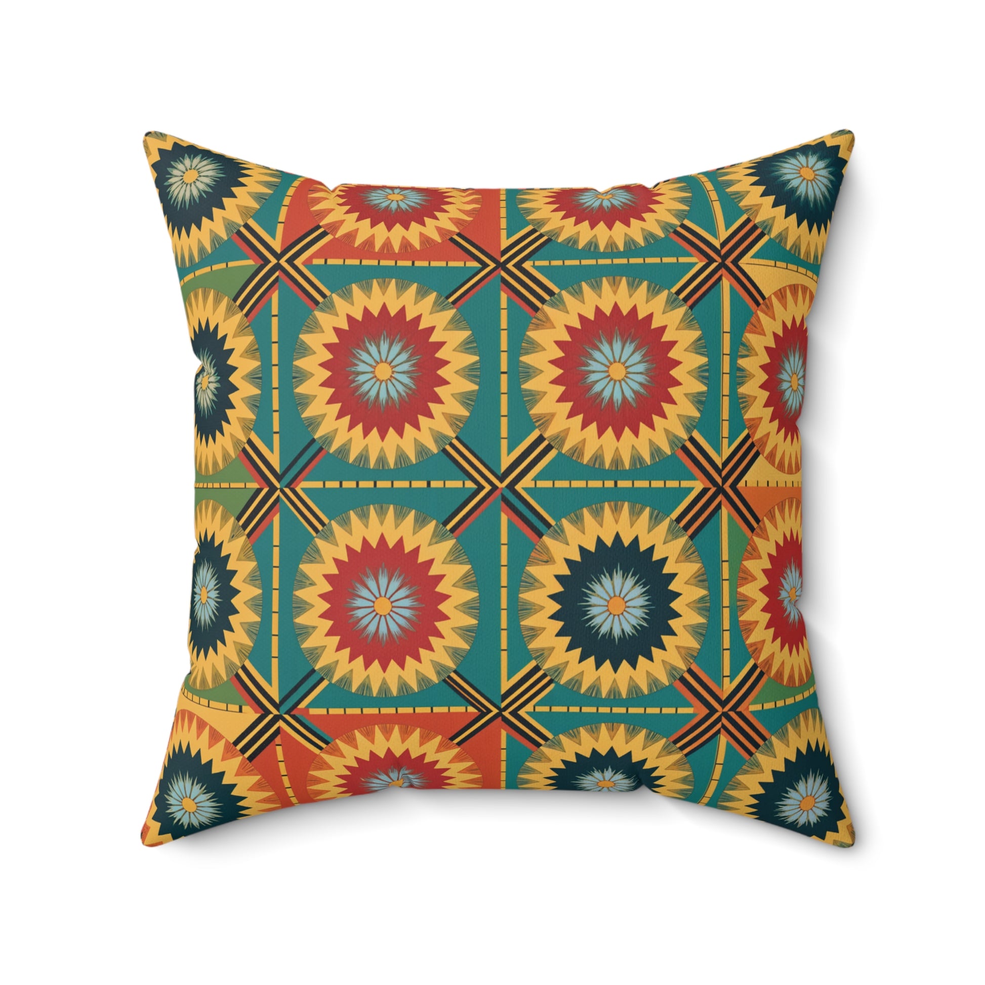 A square pillow with a vibrant geometric pattern featuring red, yellow, blue, and green. Central starburst shapes and intersecting triangles create a striking grid—perfect for adding unique decor or African-Inspired style to your space.