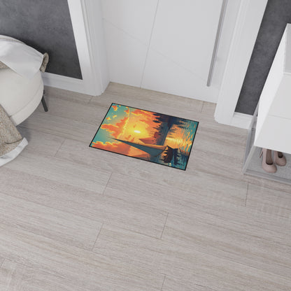 A rectangular doormat with a vibrant sunset lake scene and non-slip rubber backing lies on a light wood floor in a modern entryway. Nearby are a white bench, shelves, and heeled shoes—perfect for adding African-inspired home decor flair.