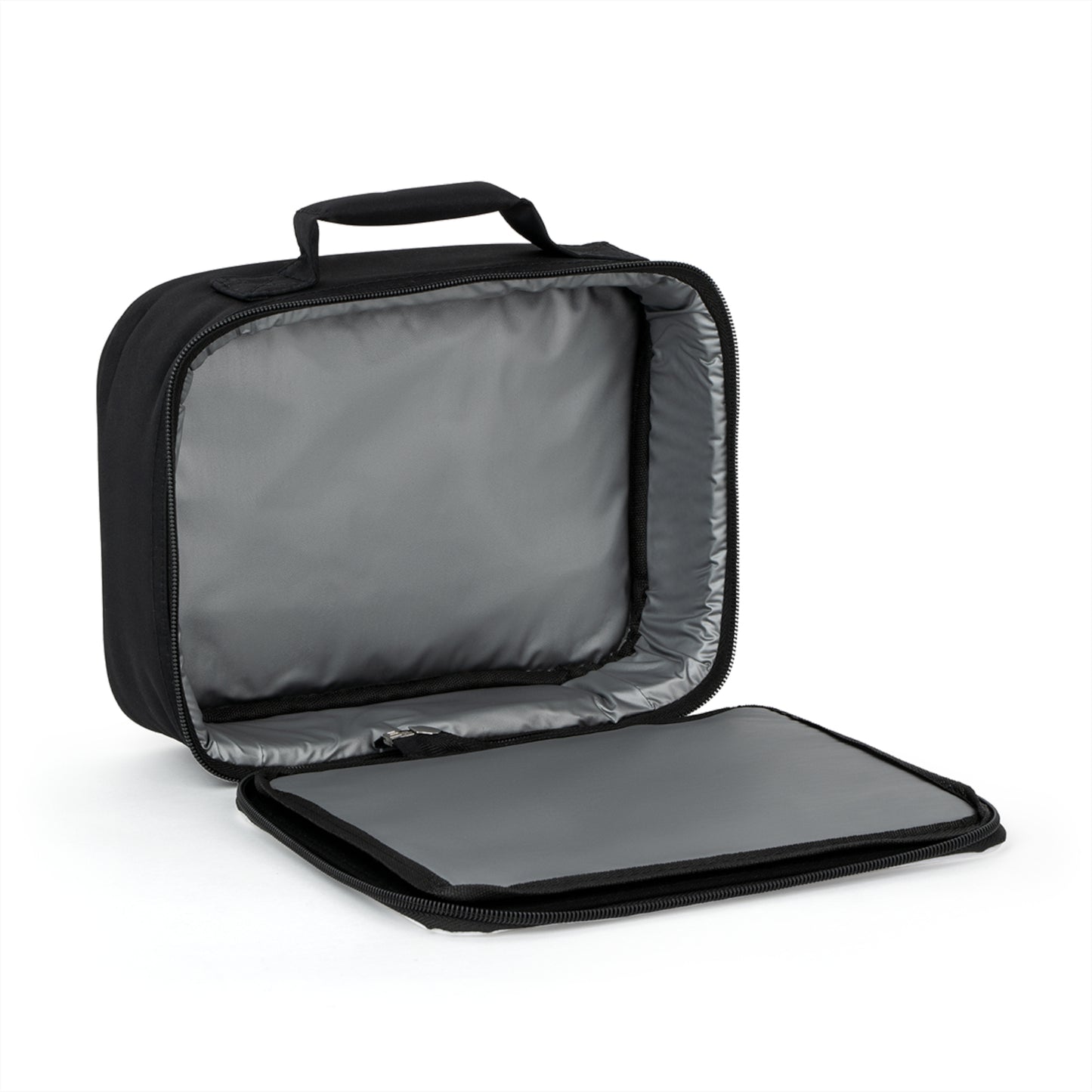 A black insulated lunch bag with a top handle is shown open on a white surface. The inside is lined with smooth, light gray material, and the zippered lid rests flat in front of the personalized lunch bag.