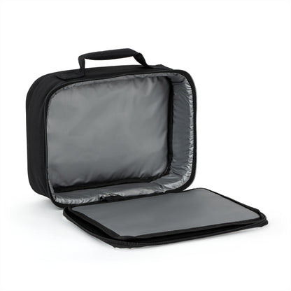 A black insulated lunch bag with a top handle is shown open on a white surface. The inside is lined with smooth, light gray material, and the zippered lid rests flat in front of the personalized lunch bag.