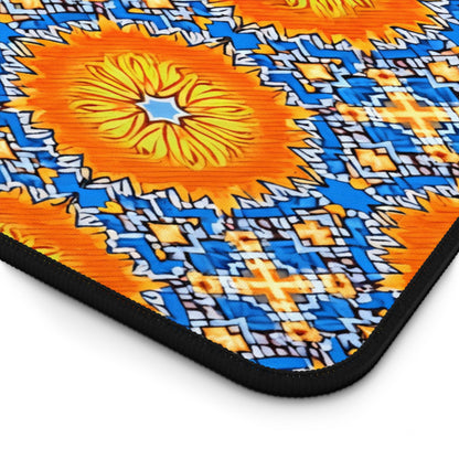 A close-up of a colorful workspace accessory, this neoprene desk mat features bright orange, yellow, and blue geometric designs. Large orange floral shapes with yellow centers are bordered by intricate blue and white patterns. The edge is black and slightly rounded.