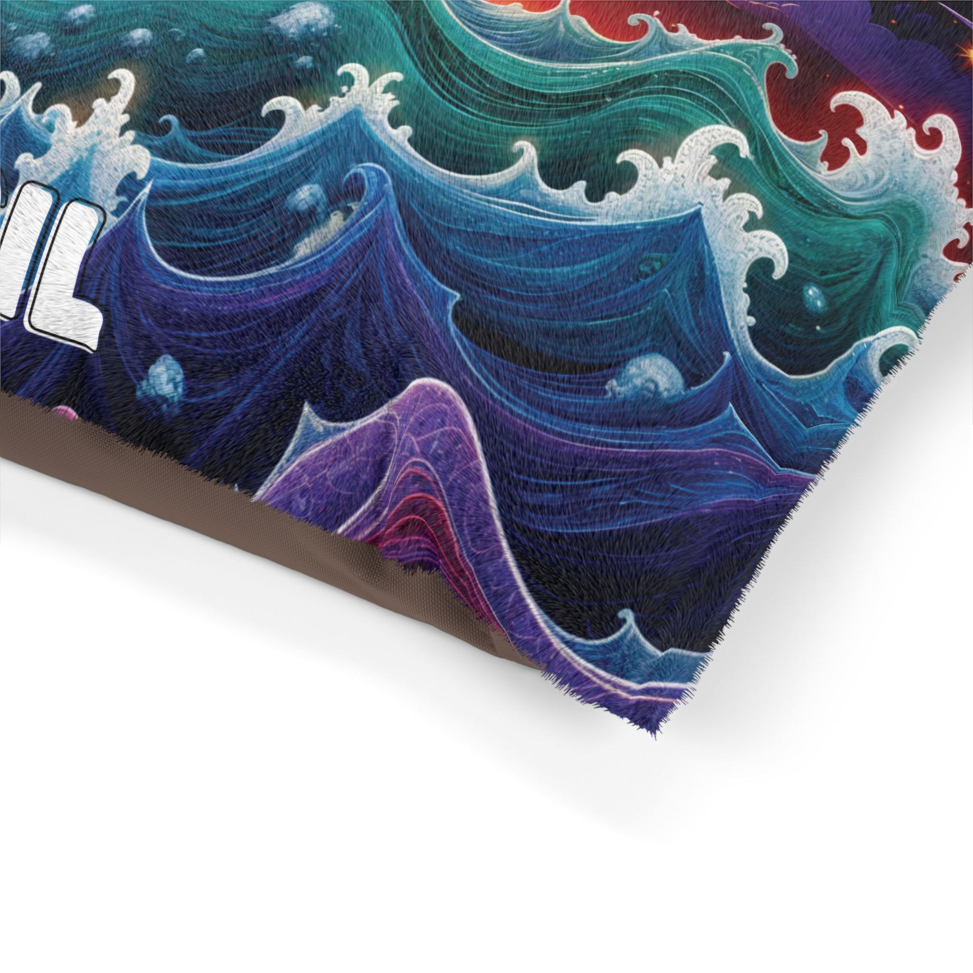 A close-up of a colorful illustrated ocean wave with swirling blue, purple, and green hues, featuring white foam and dynamic, textured strokes. The image evokes luxurious comfort as part of bold white text appears on the left and fades into white space below.
