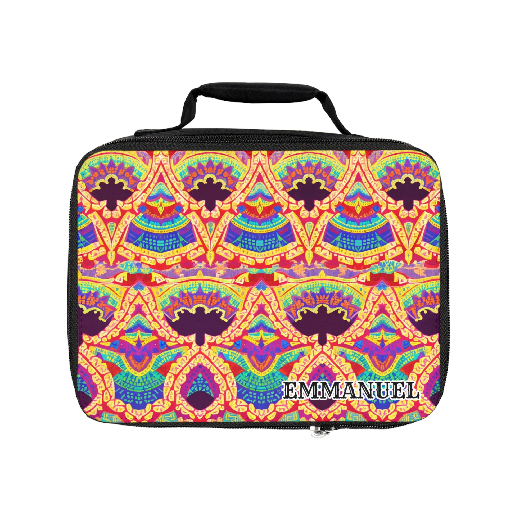 A rectangular, African-inspired lunch tote with a black zipper and handle, featuring a vibrant geometric pattern in yellow, red, blue, and purple. The insulated lunch bag is personalized with “EMMANUEL” in bold white letters at the bottom right corner.