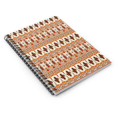 A spiral-bound notebook with a cover featuring a detailed, horizontal folk-inspired pattern in brown, orange, and white. The African-inspired spiral notebook showcases repeated floral and geometric motifs, viewed from a slight angle on a white background.
