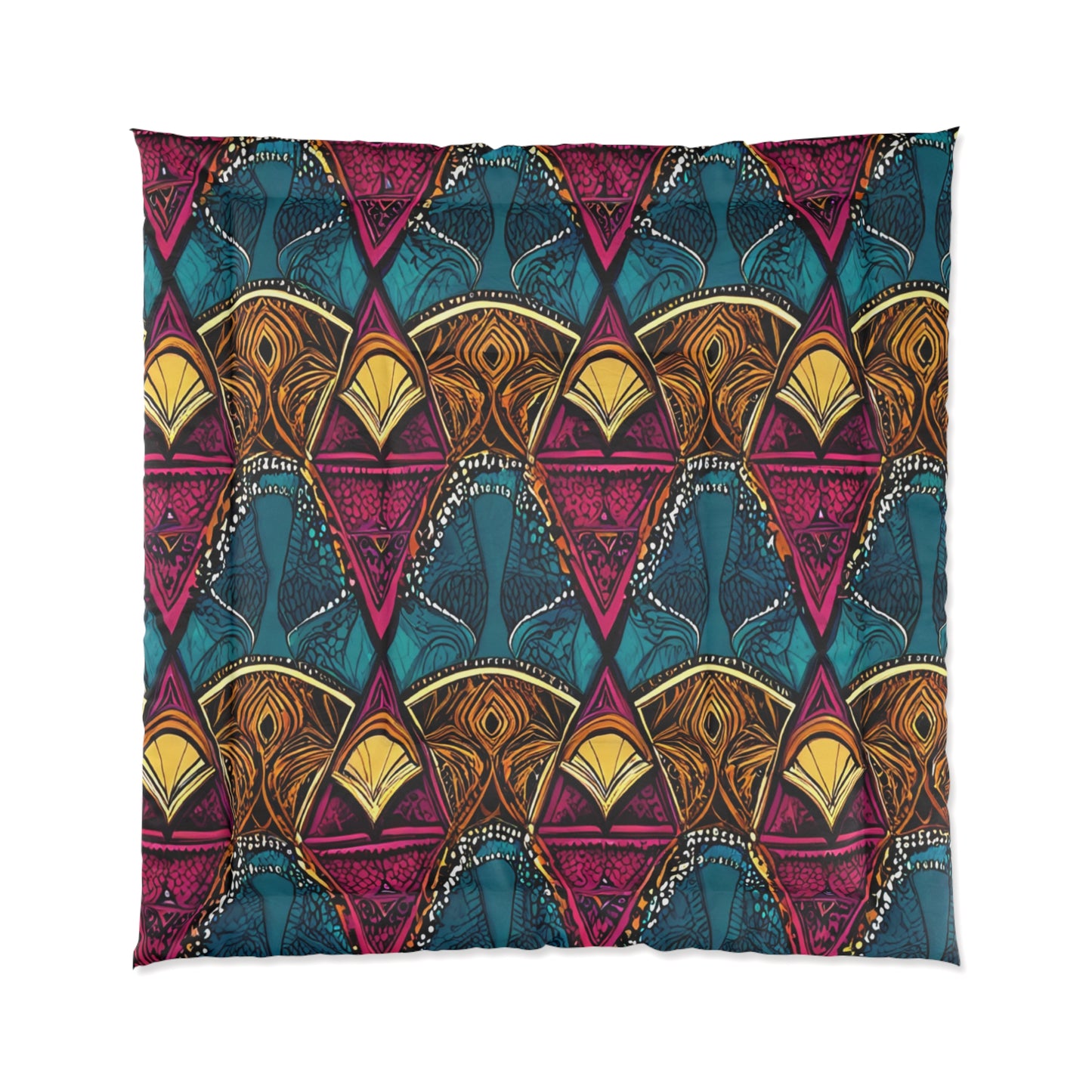 A square fabric with an African-inspired, geometric, tribal pattern. The design features repeating shapes in maroon, gold, teal, and black, with layered triangles and leaf-like motifs for a vibrant, symmetrical look.