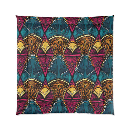 A square fabric with an African-inspired, geometric, tribal pattern. The design features repeating shapes in maroon, gold, teal, and black, with layered triangles and leaf-like motifs for a vibrant, symmetrical look.
