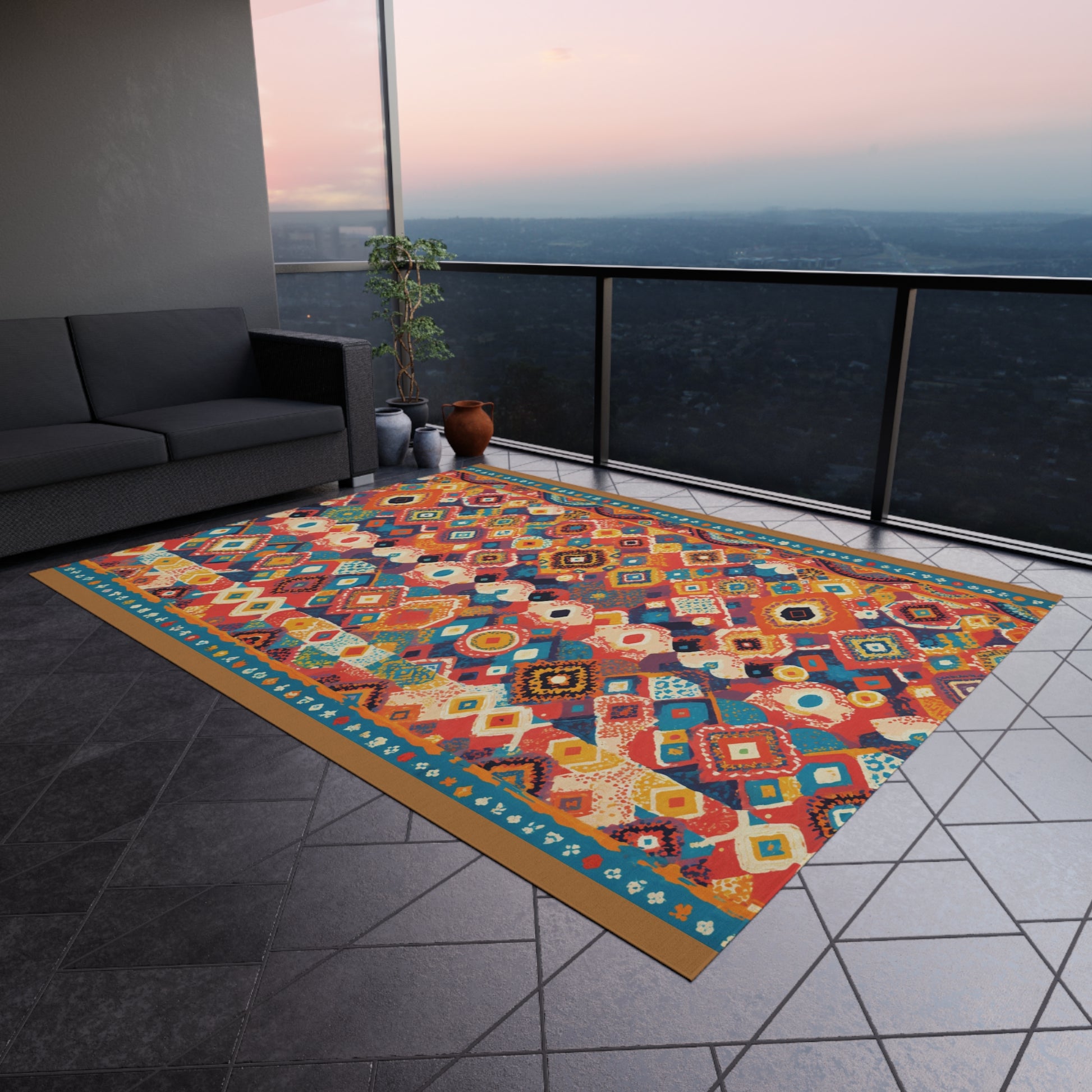 An African-inspired, colorful geometric-patterned rug covers a tiled balcony floor with a glass railing, overlooking a distant landscape at sunset. A dark-gray sectional sofa sits on the left, and potted plants are arranged by the railing.