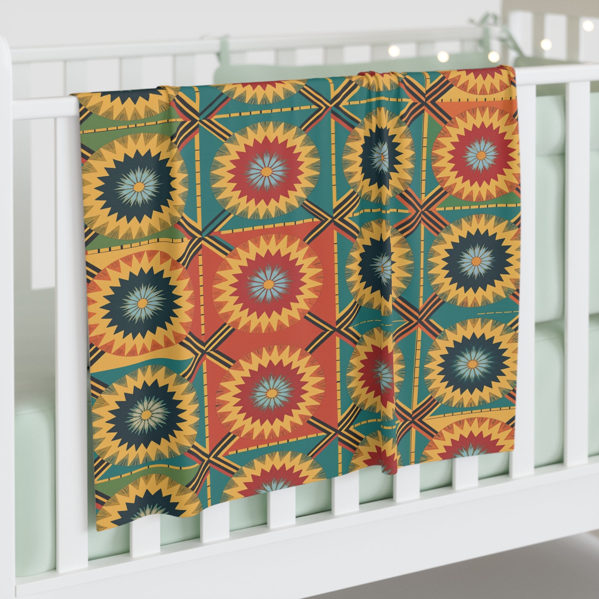 A colorful, customizable baby blanket with a bold geometric pattern in yellow, red, teal, and black—featuring concentric starbursts and squares—hangs over a white crib with mint green bedding. String lights glow softly in the background.