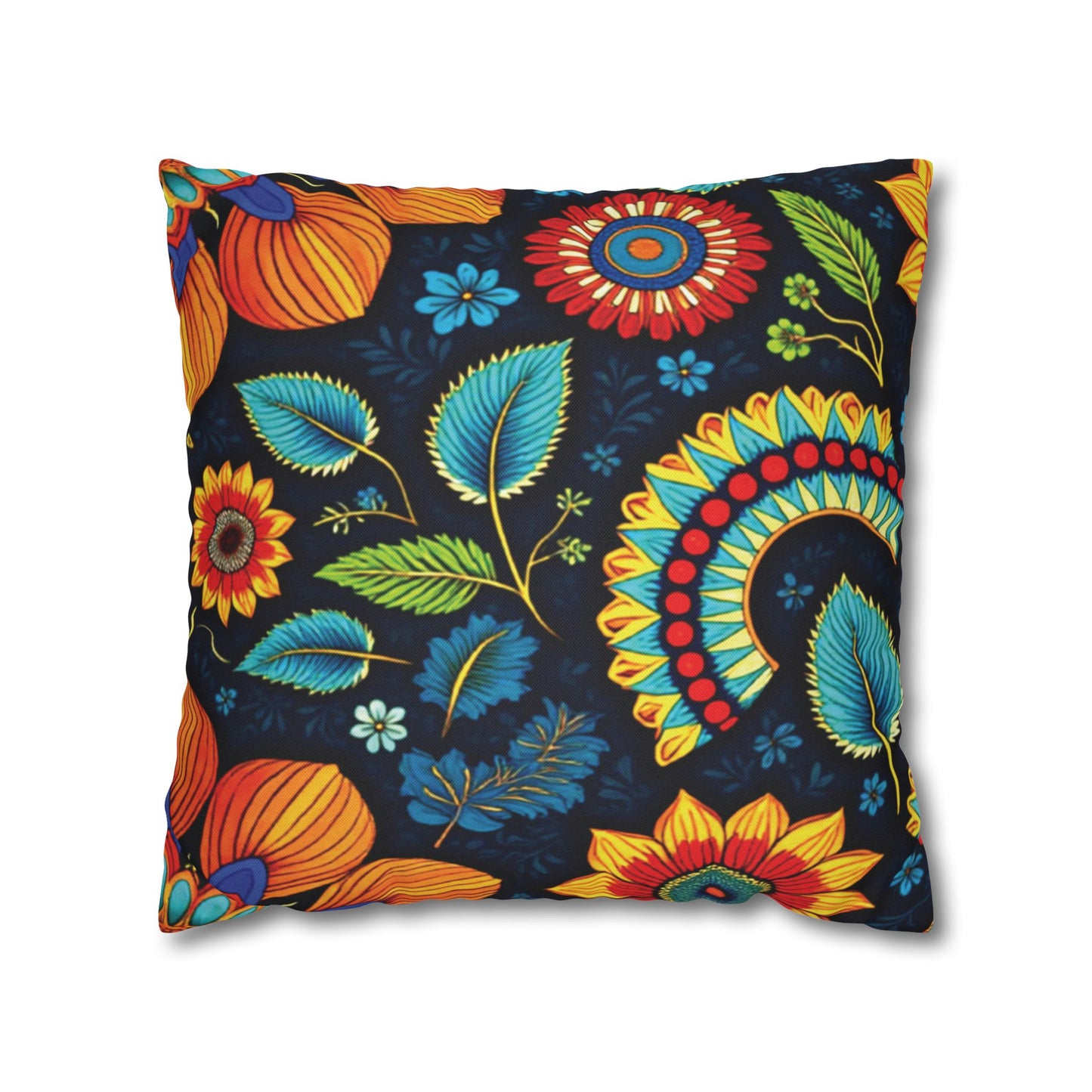 A square pillow with a dark background, featuring vibrant African-inspired patterns in orange, yellow, teal, red, and blue. Large stylized flowers, leaves, and decorative motifs create a bold and lively appearance reminiscent of African pillowcases.
