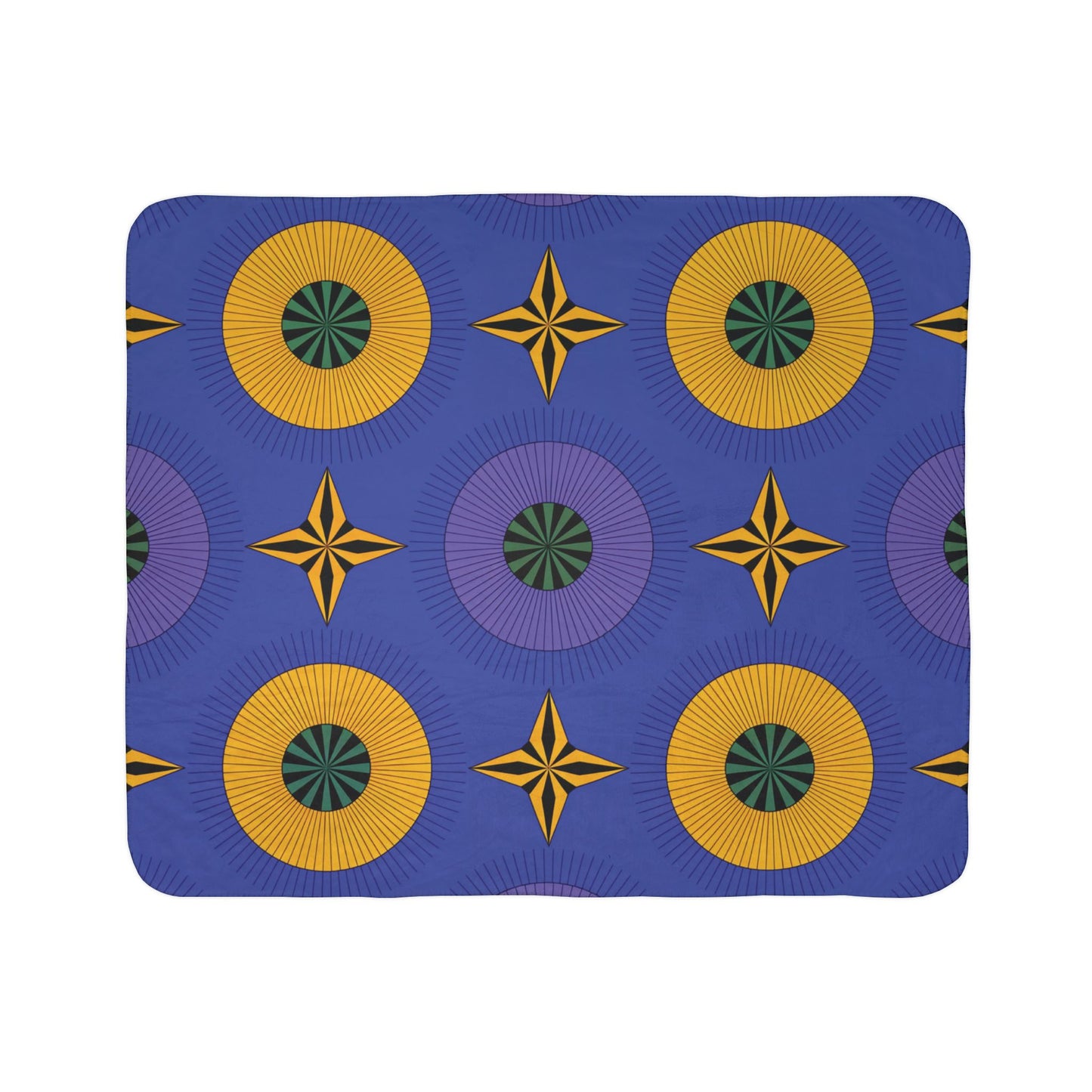 A rectangular sherpa fleece blanket with a blue background features a repeating geometric pattern of yellow and green circular shapes and gold star-like designs, arranged in a grid—perfect for adding cozy home decor with African-inspired flair.