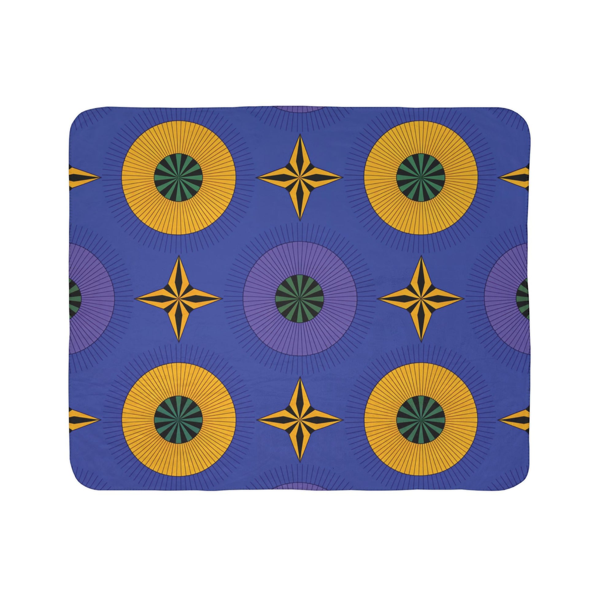 A rectangular sherpa fleece blanket with a blue background features a repeating geometric pattern of yellow and green circular shapes and gold star-like designs, arranged in a grid—perfect for adding cozy home decor with African-inspired flair.