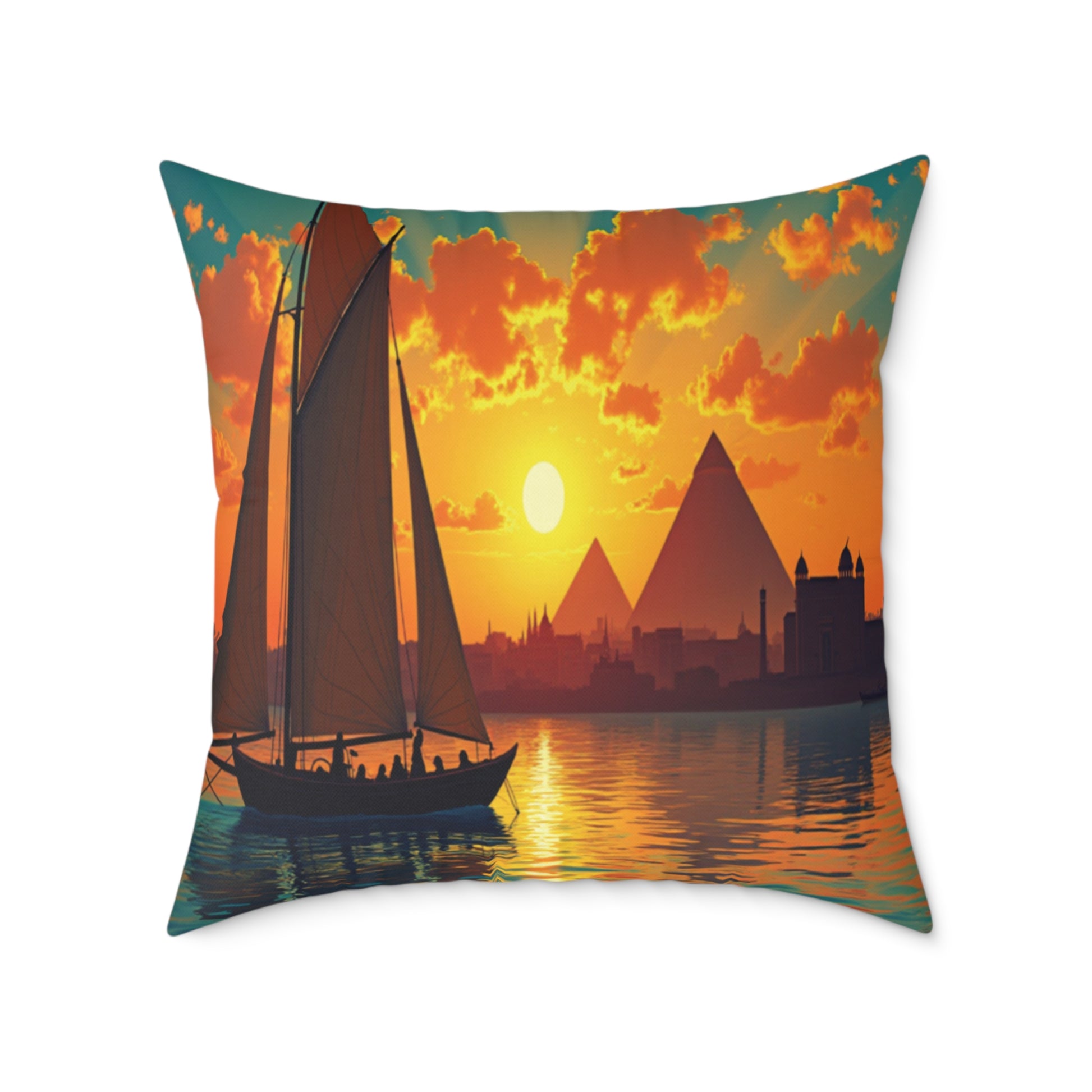 This African-inspired pillow features an illustration of a sailboat with people on calm water at sunset. Silhouetted pyramids and distant buildings line the horizon, making it a vibrant home decor piece.