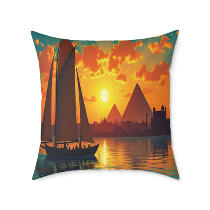 This African-inspired pillow features an illustration of a sailboat with people on calm water at sunset. Silhouetted pyramids and distant buildings line the horizon, making it a vibrant home decor piece.