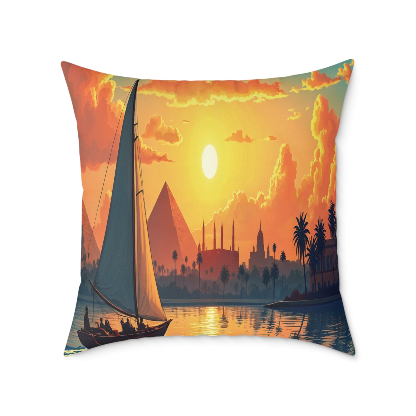 A vibrant throw pillow featuring an illustration of a sailboat on a river at sunset, with silhouettes of palm trees, pyramids, and domed buildings. This African-inspired pillow evokes an exotic, tranquil atmosphere for your colorful home decor.