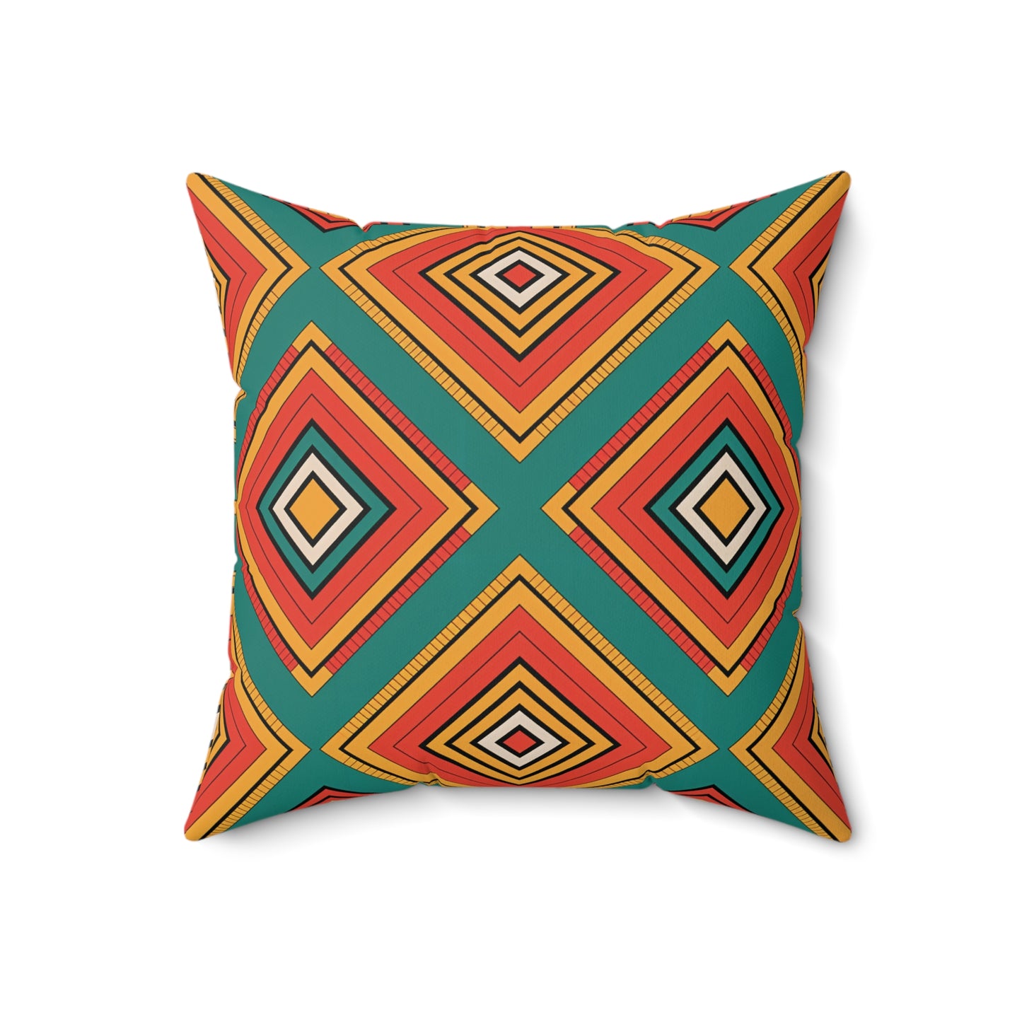 Square pillow with a bold geometric design in red, orange, yellow, and dark teal. The vibrant pattern features large diamond shapes bordered by yellow, creating a unique decor accent inspired by African-Inspired pillows. The background is white.