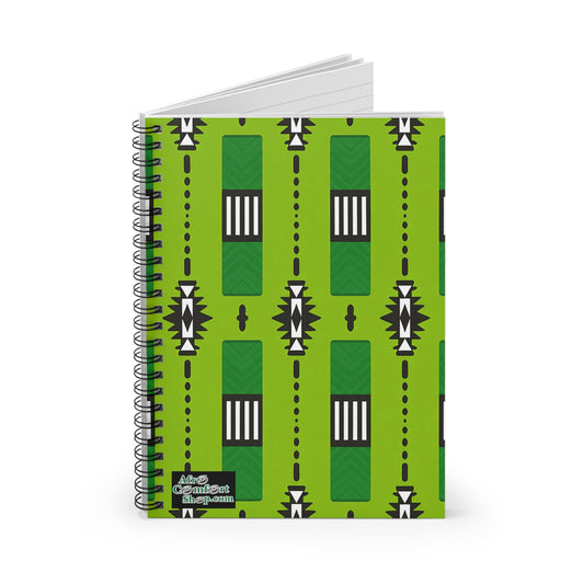 A spiral-bound African-inspired spiral notebook with a bright green cover featuring a geometric pattern in black, white, and darker green offers culturally inspired designs. “Afro Gradient Shoppe” appears in white and gray on the lower left corner.