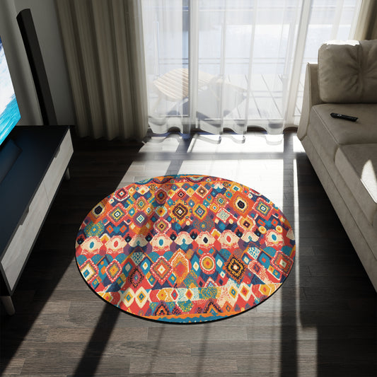 A vibrant round rug with a busy geometric pattern in red, blue, yellow, and orange sits on a dark wooden floor in a living room. Sunlight streams through sheer curtains by a glass door, casting bright light and shadows across the rug and floor.