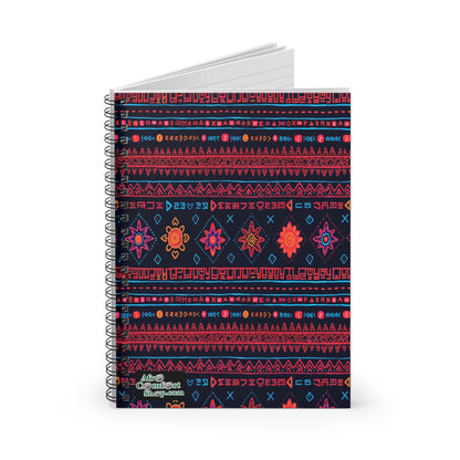 A spiral-bound notebook with a dark cover features culturally inspired designs in bright geometric and floral patterns. Arranged in vibrant rows, this African-inspired spiral notebook offers white, lined pages for a premium writing experience.