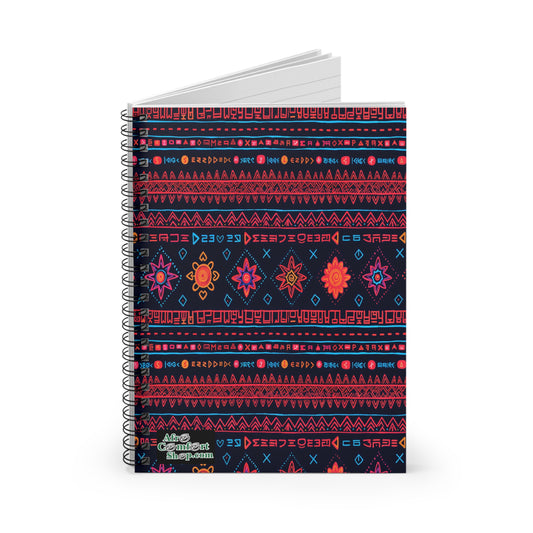 A spiral-bound notebook with a dark cover features culturally inspired designs in bright geometric and floral patterns. Arranged in vibrant rows, this African-inspired spiral notebook offers white, lined pages for a premium writing experience.