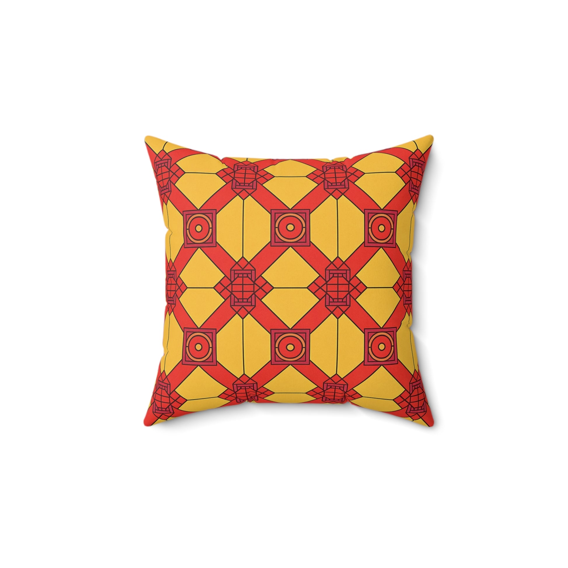 Square throw pillow with a geometric pattern in red, orange, yellow, and green. This faux suede square pillow features bold lines, repeated hexagons, and cubes for a vibrant look—perfect as an African accent pillow centered on a white background.