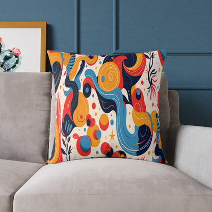 A vibrant throw pillow with a bold, abstract pattern in blue, yellow, red, and orange rests on a light gray sofa. The dark blue wall with molding and a partially visible framed artwork create a striking backdrop for this colorful home decor accent.