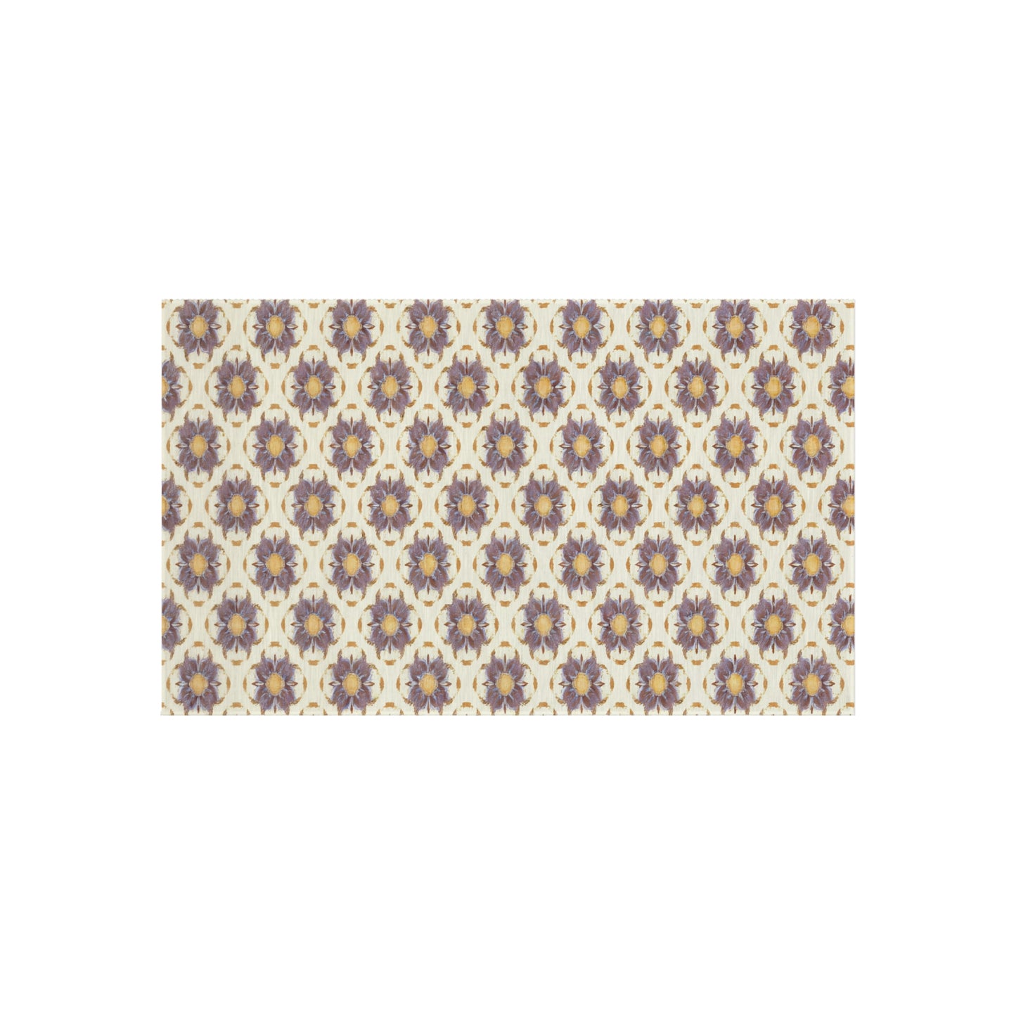 A rectangular pattern features repeating African-inspired circular floral motifs in purple and gold on a cream background. The symmetrical design is evenly spaced, creating a decorative and intricate tiled effect across the entire rectangle.