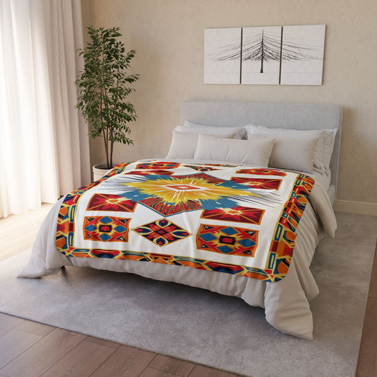 A neatly made bed with a colorful, African-inspired geometric-patterned blanket in red, yellow, and blue tones. The room features beige walls, a potted plant, light gray headboard, white bedding, and framed abstract tree artwork above the bed.