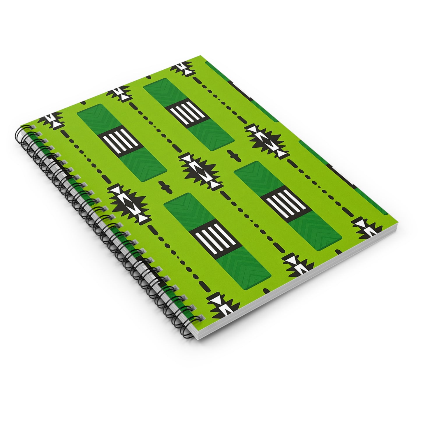 A spiral-bound African pattern notebook with a bright green cover featuring repeating geometric patterns. Dark green rectangles, white and black lines, and black starburst shapes give it a bold, modern look.