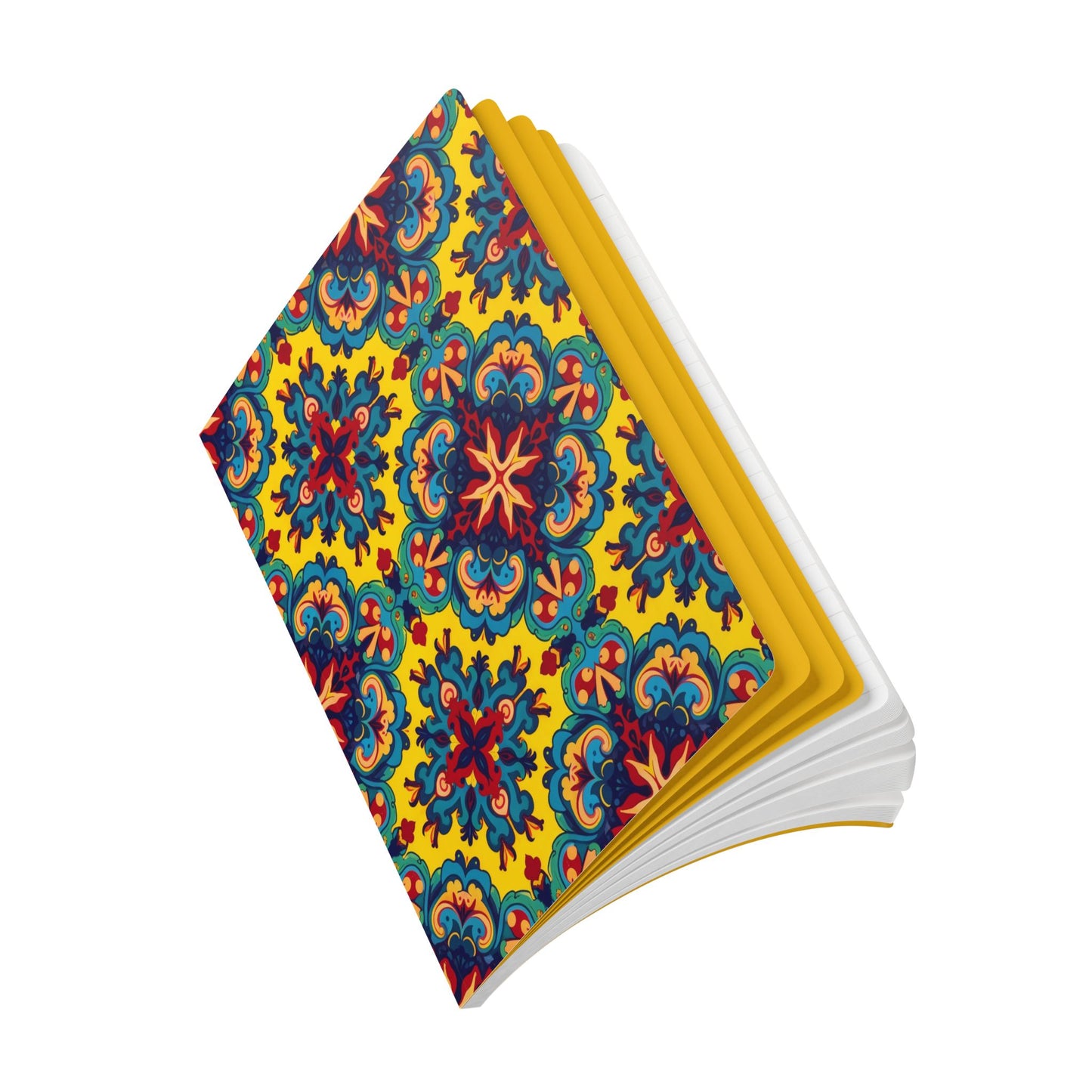 A hardcover African-inspired journal lies open, showcasing a vibrant yellow cover with a colorful, symmetrical floral and geometric pattern in blue, red, and green. Its inside cover is yellow, and the white pages invite creative journaling against a white background.