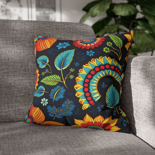 A decorative pillow with vibrant African-inspired patterns in orange, yellow, teal, and red on a black background sits on a light gray upholstered sofa. In the background, a green leafy plant accents the softly lit wall.