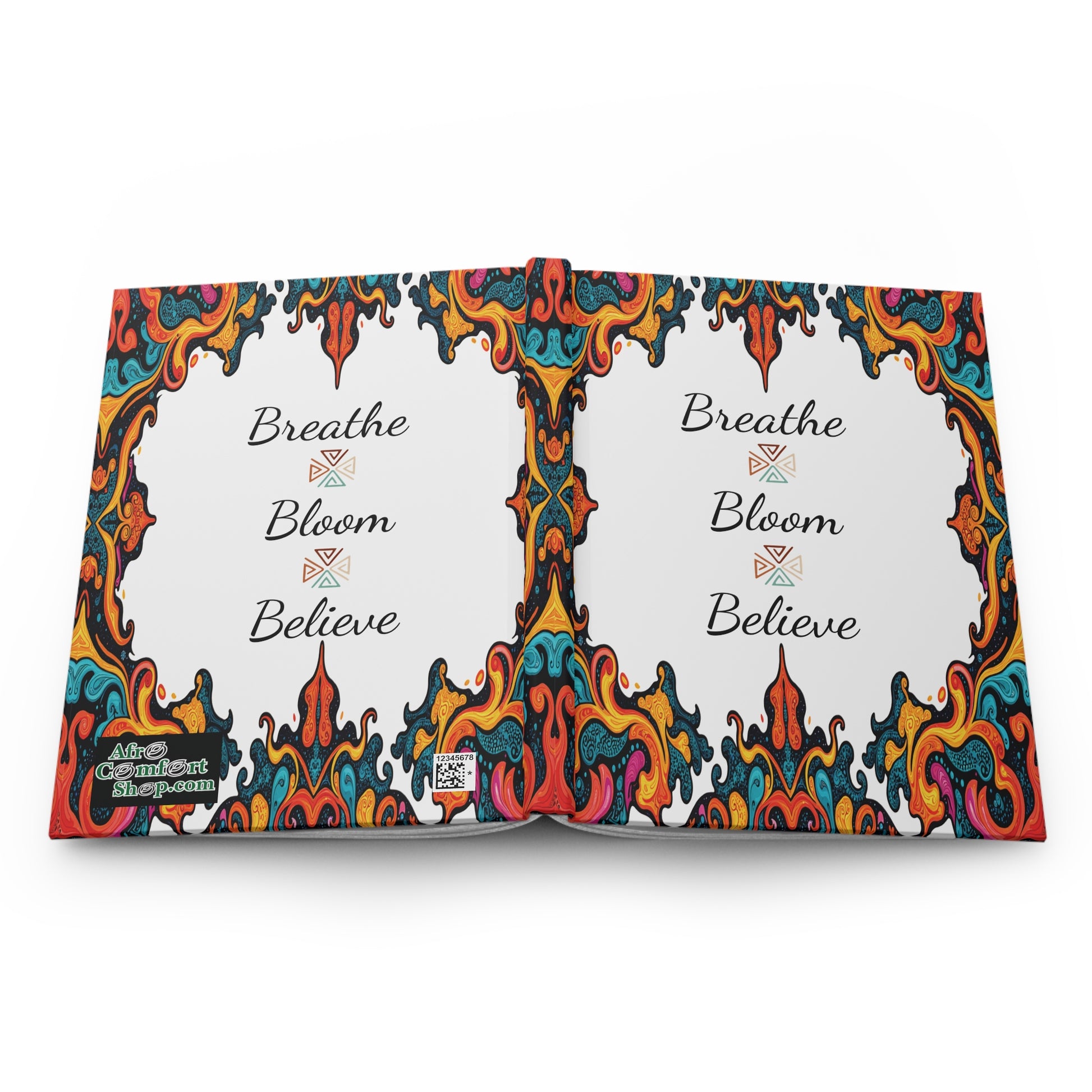 An open hardcover journal reveals two pages with “Breathe”, “Bloom”, and “Believe” in elegant script. Vibrant, African-inspired borders in red, yellow, blue, and orange frame both pages. The left page features a small “ColorPart kids’ craft” logo.